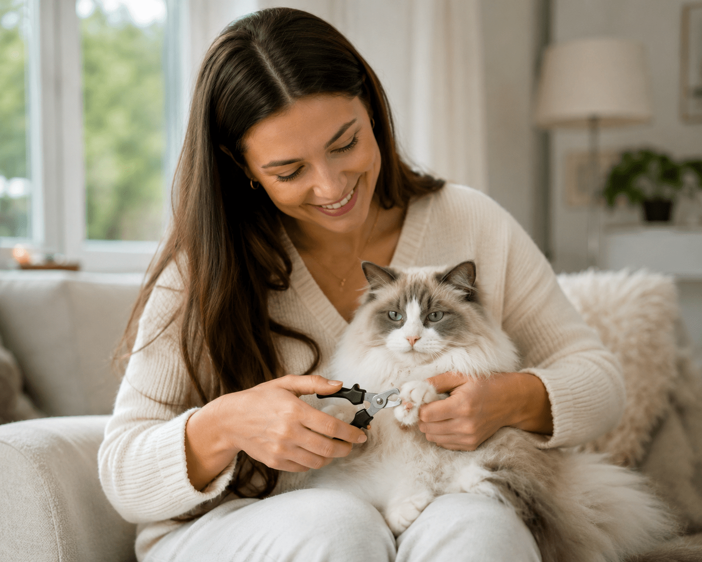 Happy woman trimming her Ragdoll cat's nails in a bright, cozy living room. The calm blue-eyed Ragdoll sits comfortably on her lap while she uses cat nail clippers as part of a regular grooming routine.
