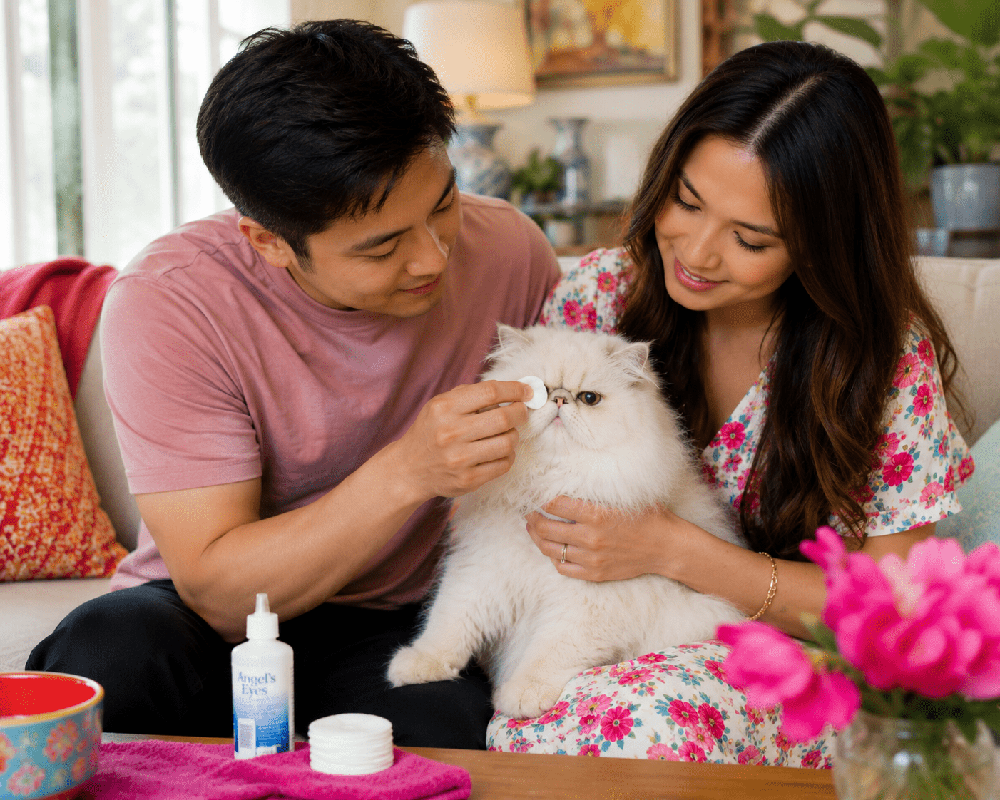 A husband and wife gently clean their Persian cat's eyes in a bright, comfortable home. The fluffy Persian cat sits calmly while receiving routine grooming and eye care.
