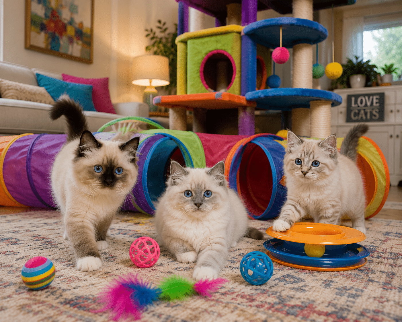 Seal point, blue point, and lynx Ragdoll kittens play with colorful cat tunnels, toys, and a cat tree in a bright living room. The kittens showcase the beautiful colors and patterns available at CT Persian and Ragdoll Kittens.