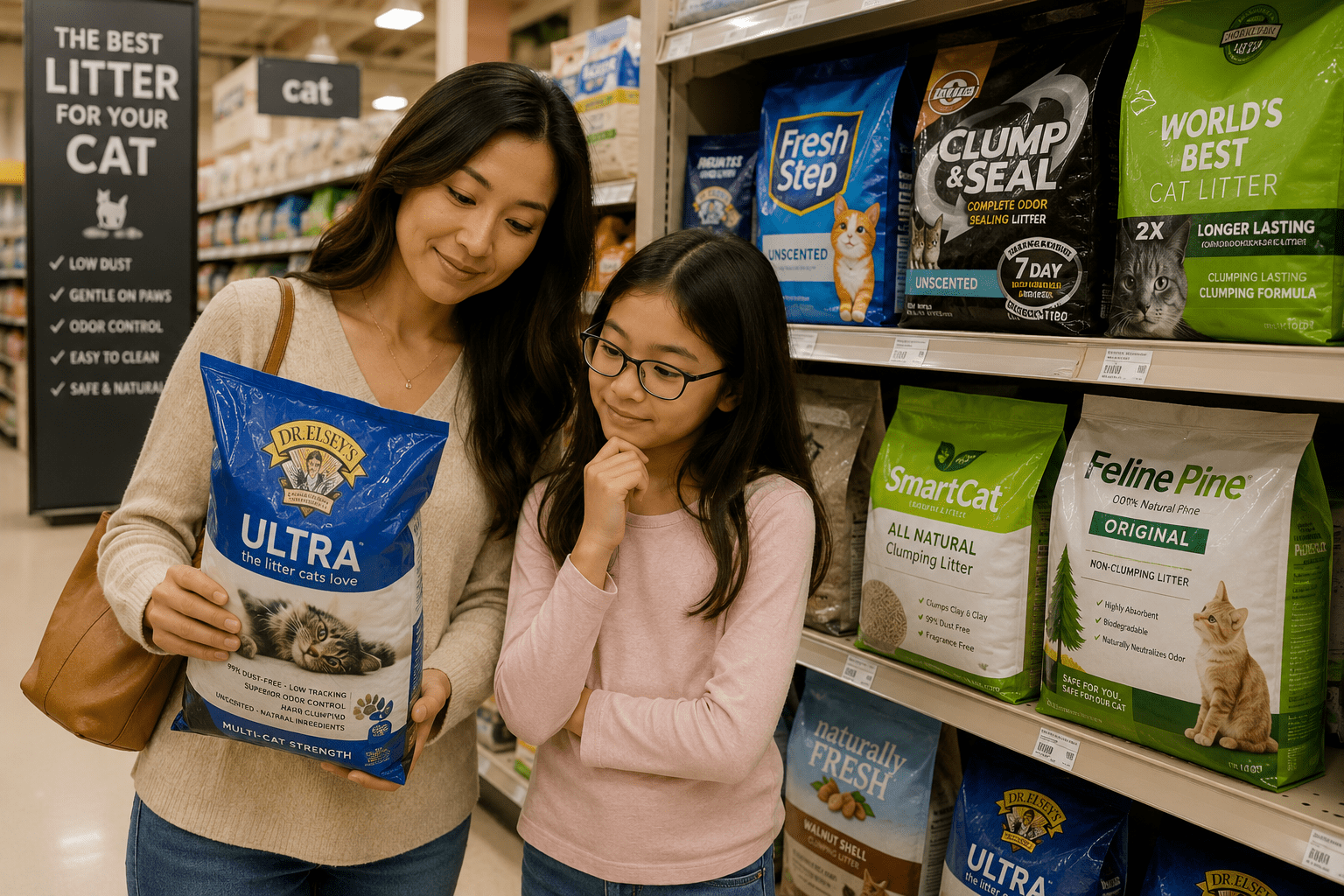 A mother and daughter shop for cat litter in a pet store while comparing safe litter options for their Persian or Ragdoll kitten. Popular low-dust litter brands are displayed on the shelves as they make an informed choice.
