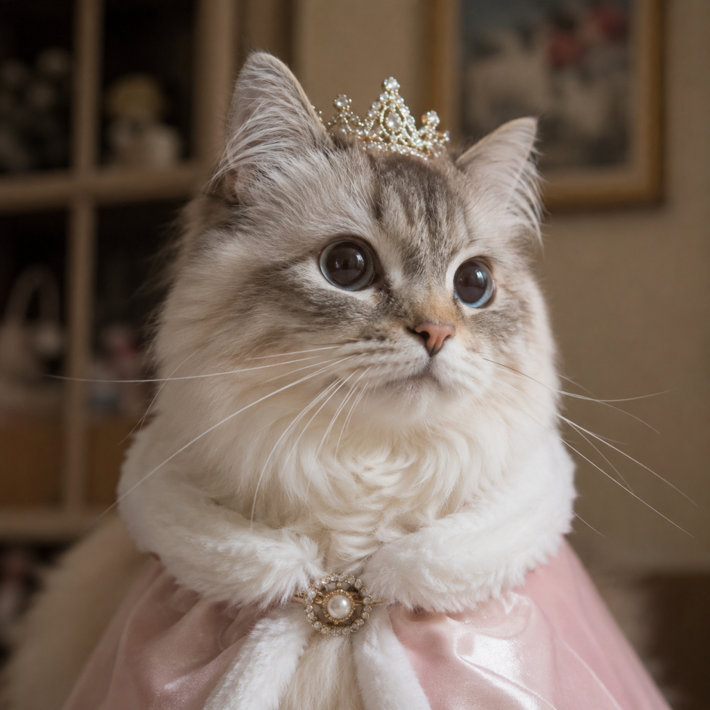 Queen Cannoli Beautiful seal bicolor Ragdoll cat with dark brown facial markings, a white inverted 'V' on its muzzle, bright blue eyes, and wearing a miniature sparkly tiara.