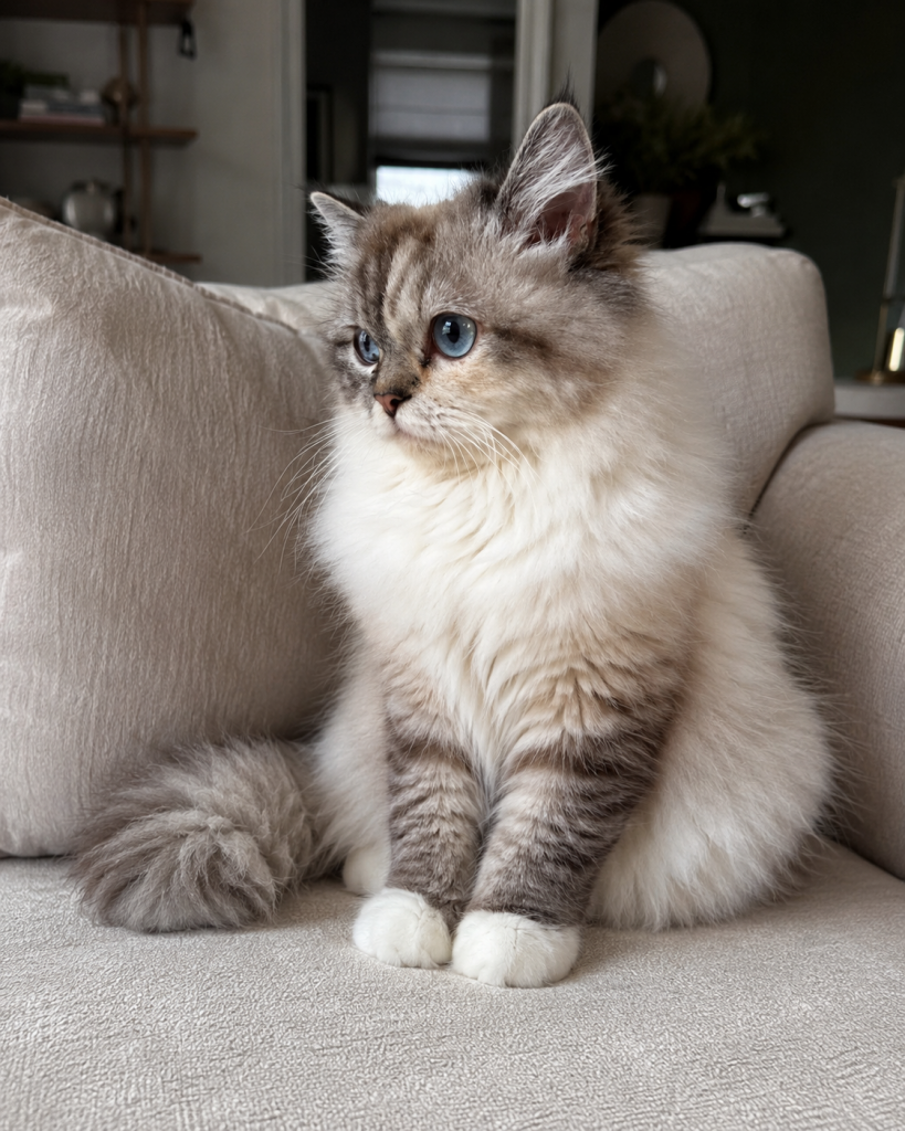 Introducing Queen Cannoli, our precious foundation Ragdoll Dam whom we affectionately call our little 'Love Bug.' True to her sweet nickname, Cannoli is happiest when she is curled up right next to you, filling the room with her gentle purrs and calm energy. With her beautifully marked, velvety coat and expressive blue eyes, she is an absolute darling in our home, passing that incredibly tender, social, and deeply affectionate nature down to each of her beautiful kittens. Majestic long-haired Lynx point cat with distinct tabby stripes on its face, bright blue eyes, and a thick, fluffy white chest.