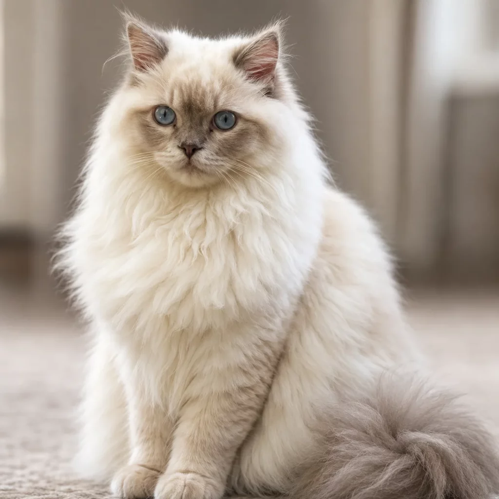 Beautiful foundation Ragdoll dam featuring a magnificent plush coat, striking sapphire-blue eyes, and a calm affectionate temperament. Fluffy blue point Ragdoll cat with striking blue eyes, a white muzzle, and greyish-blue facial markings sitting indoors.