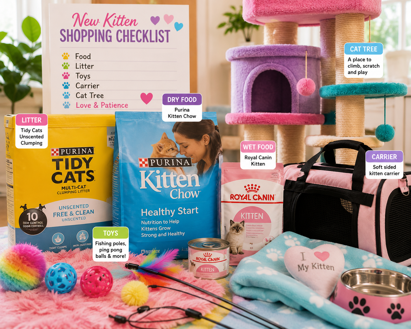 Essential kitten supplies for a new Persian or Ragdoll kitten, including Purina Kitten Chow, Royal Canin Kitten wet food, Tidy Cats Unscented Clumping Litter, colorful cat toys, a soft-sided carrier, and a cat tree.