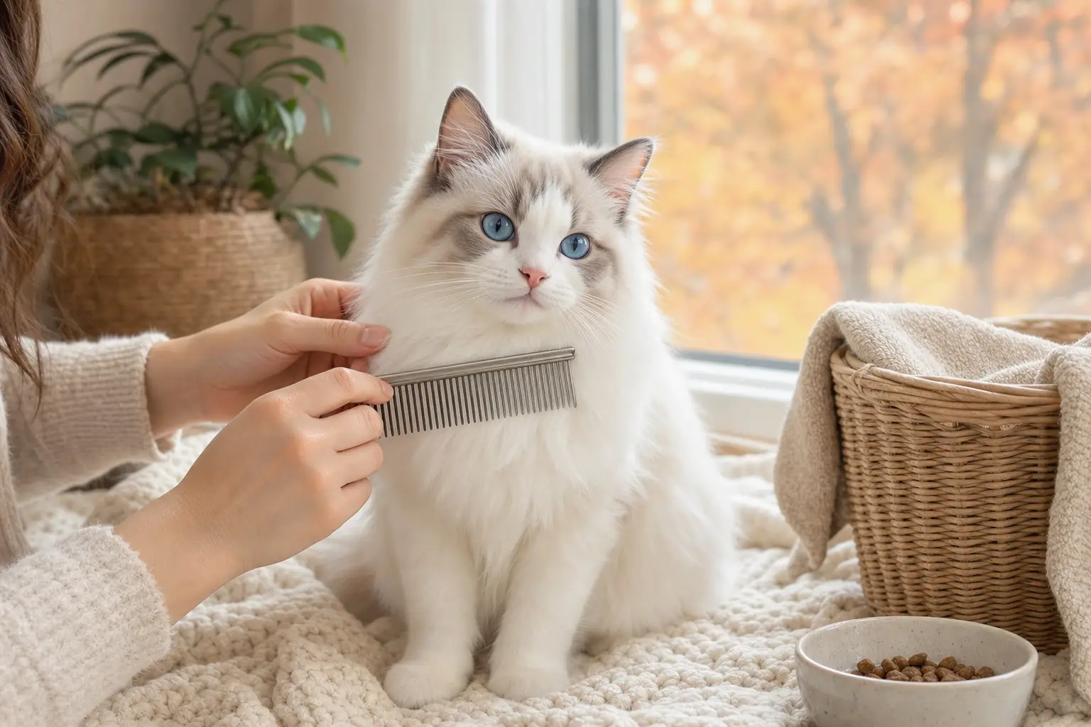 Blue-eyed white Ragdoll kitten receiving gentle chest-ruff brushing on a cozy autumn blanket