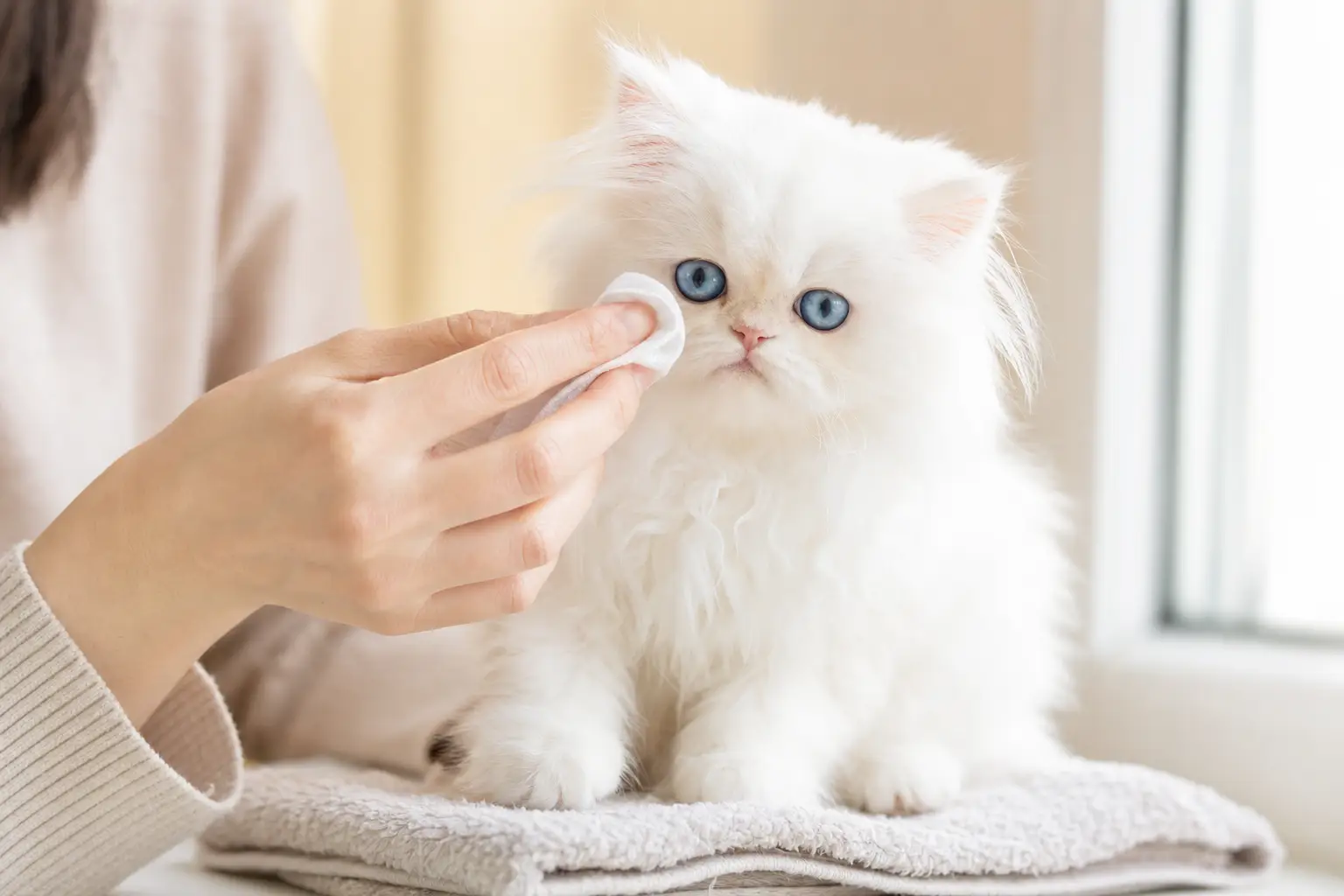 White Persian kitten with blue eyes receiving gentle eye-area grooming with a soft gauze pad