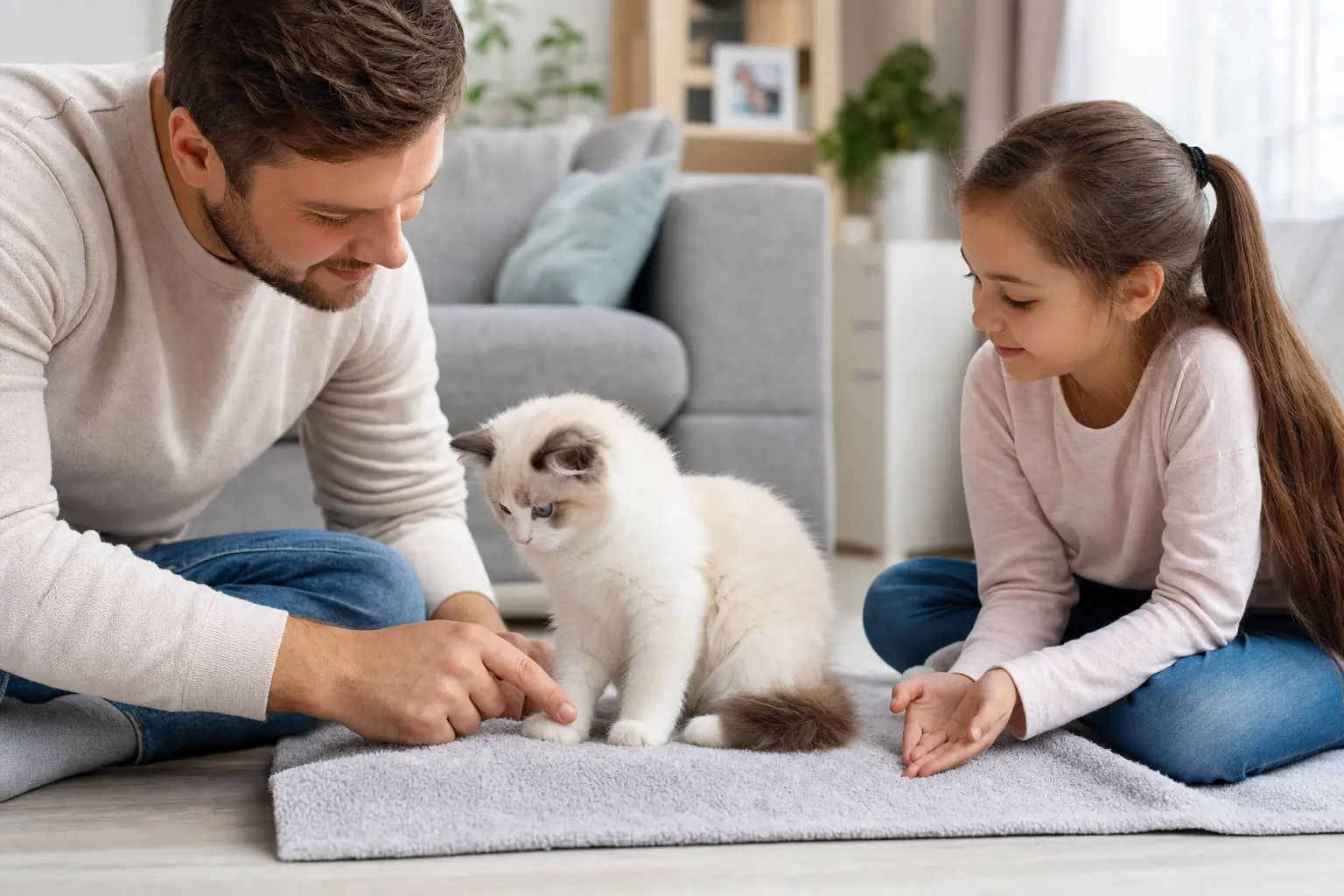 Child learning gentle paw handling with a blue-eyed white Ragdoll kitten while an adult supervises