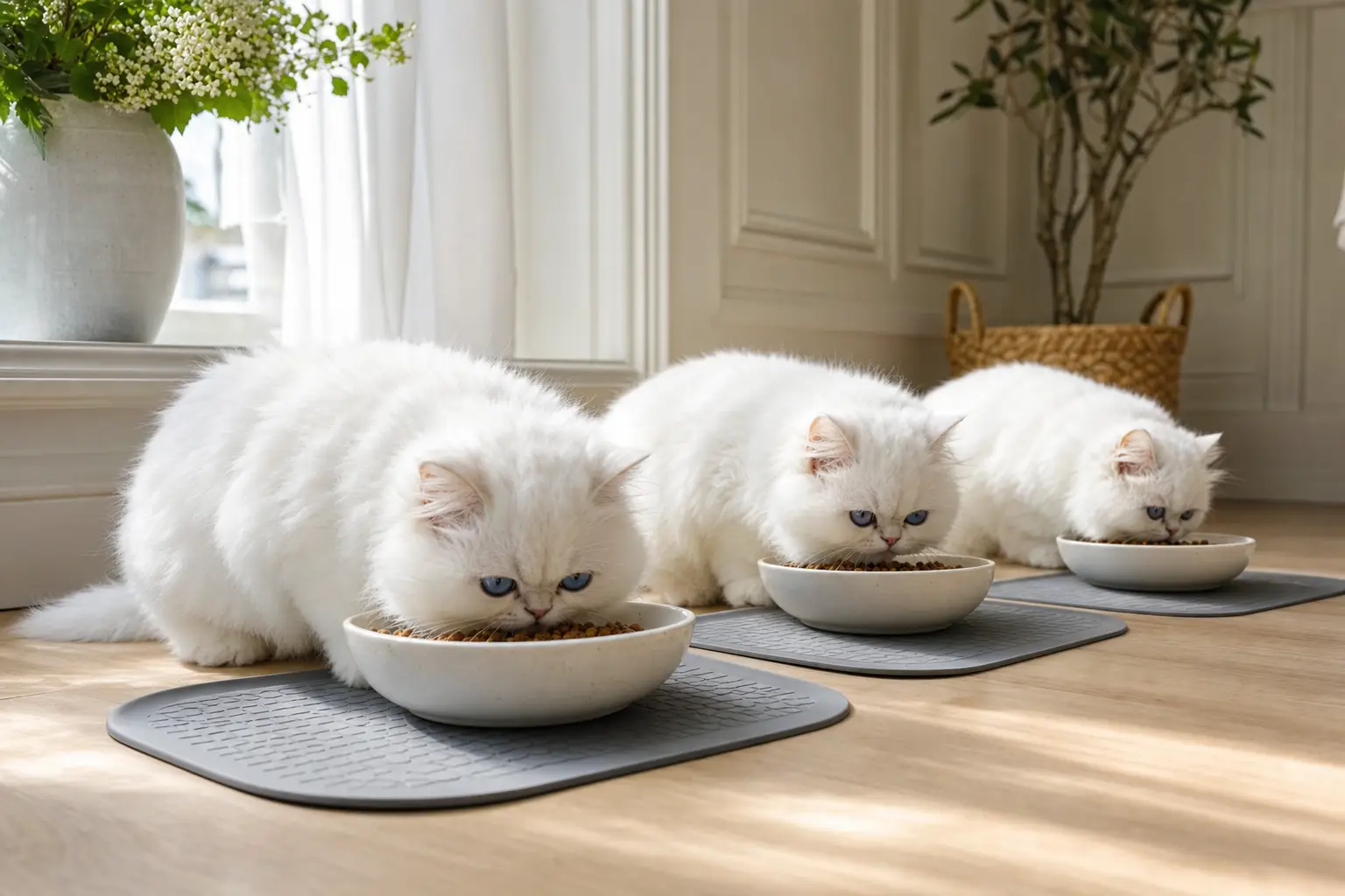 White Persian kittens with blue eyes eating calmly at separate feeding stations