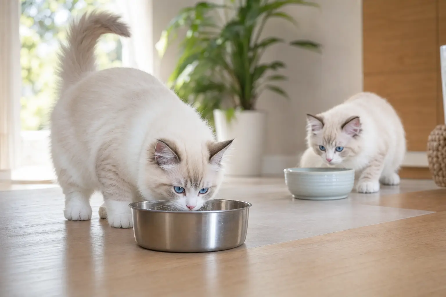 Two blue-eyed white Ragdoll kittens comparing stainless-steel and ceramic water bowls