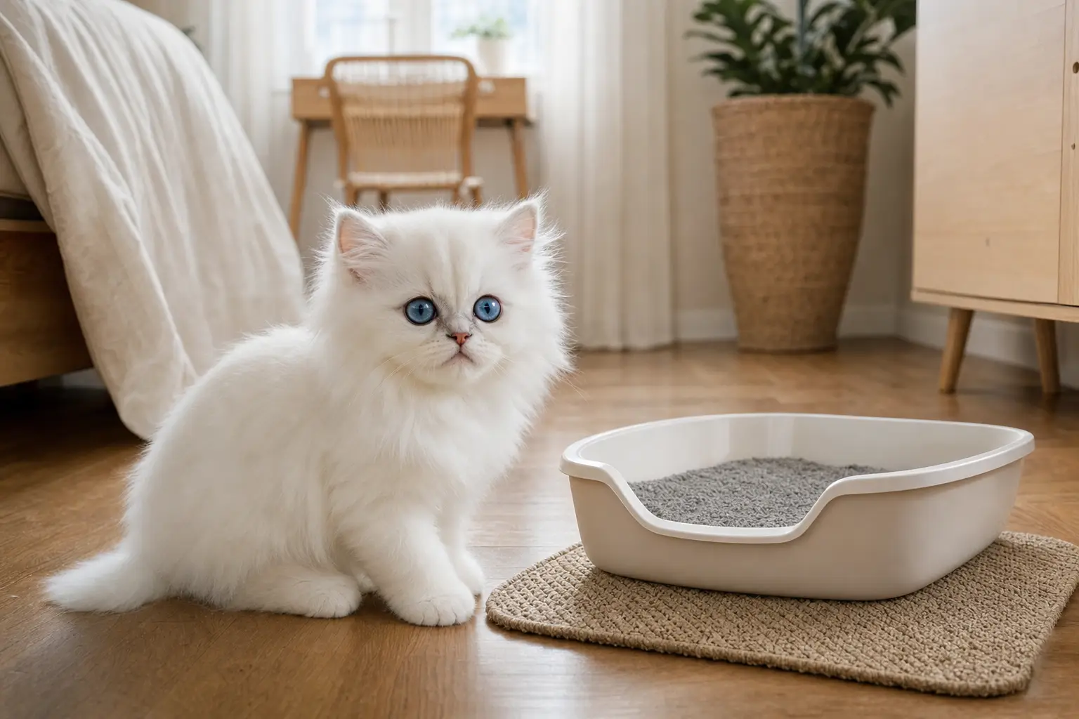 White Persian kitten with blue eyes beside an uncovered litter box in a small apartment