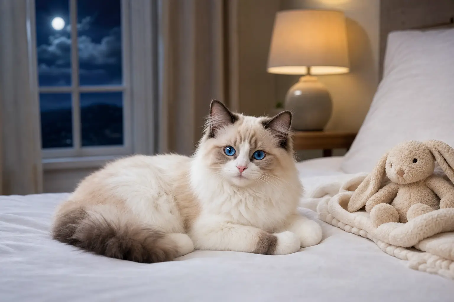 Blue-eyed Ragdoll kitten resting on a white bed during a calm bedtime routine