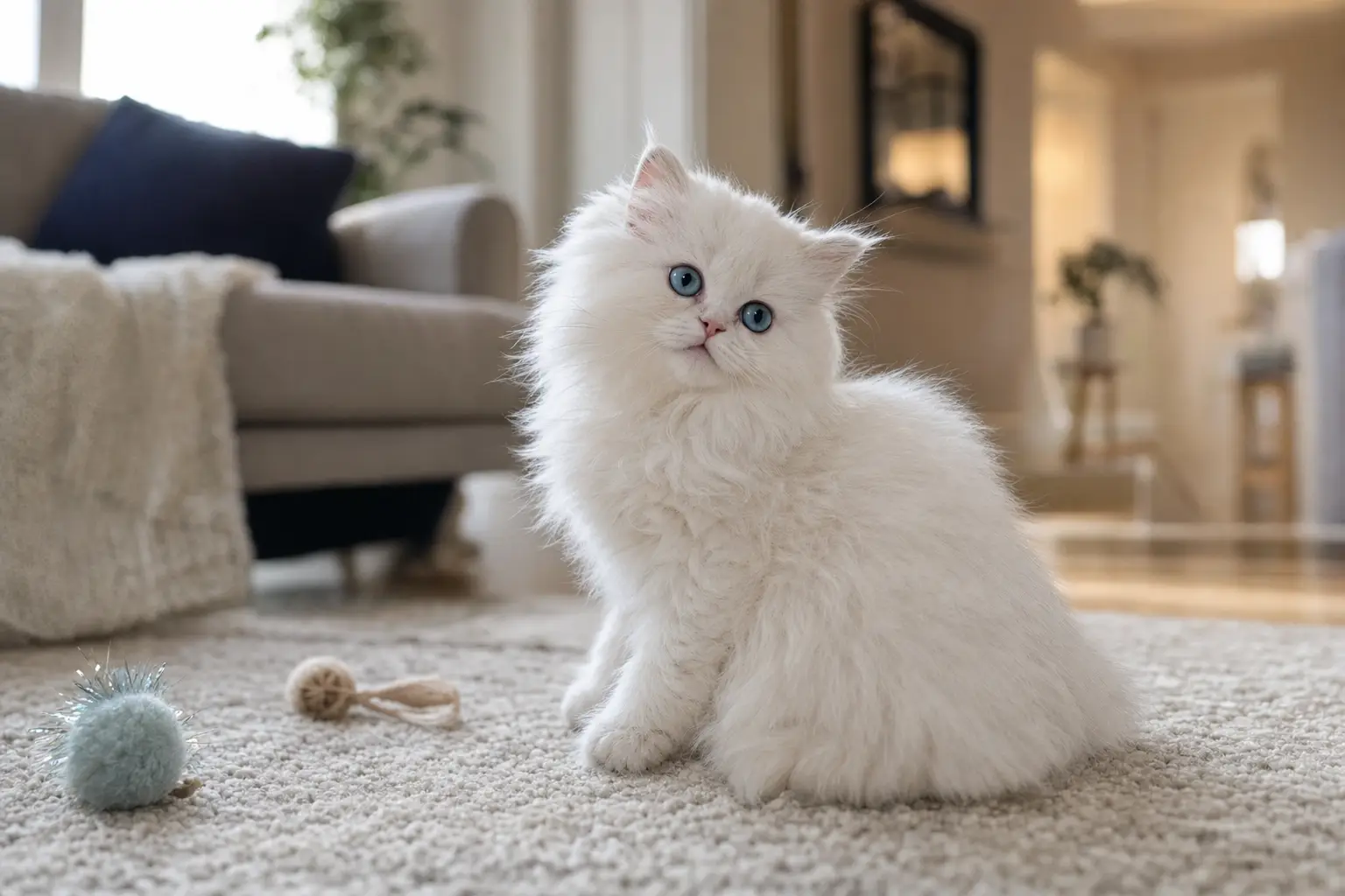 White Persian kitten with blue eyes responding to its name in a bright living room