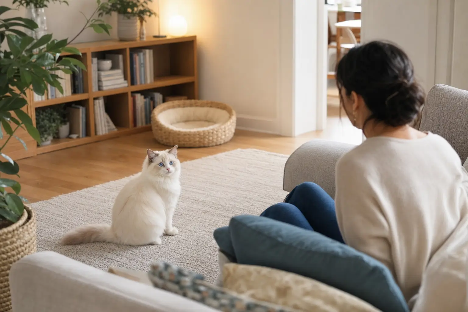 Blue-eyed white Ragdoll kitten with a relaxed tail observing a seated visitor