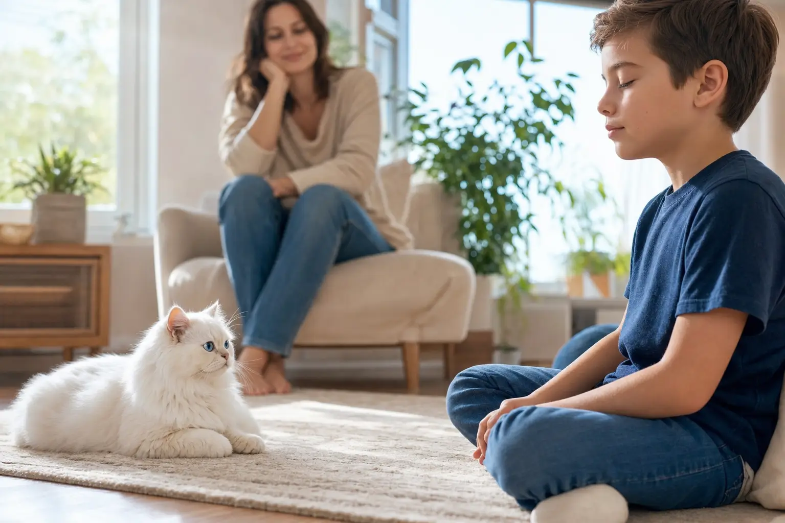 White Persian kitten with blue eyes watching a school-age child practice a slow blink