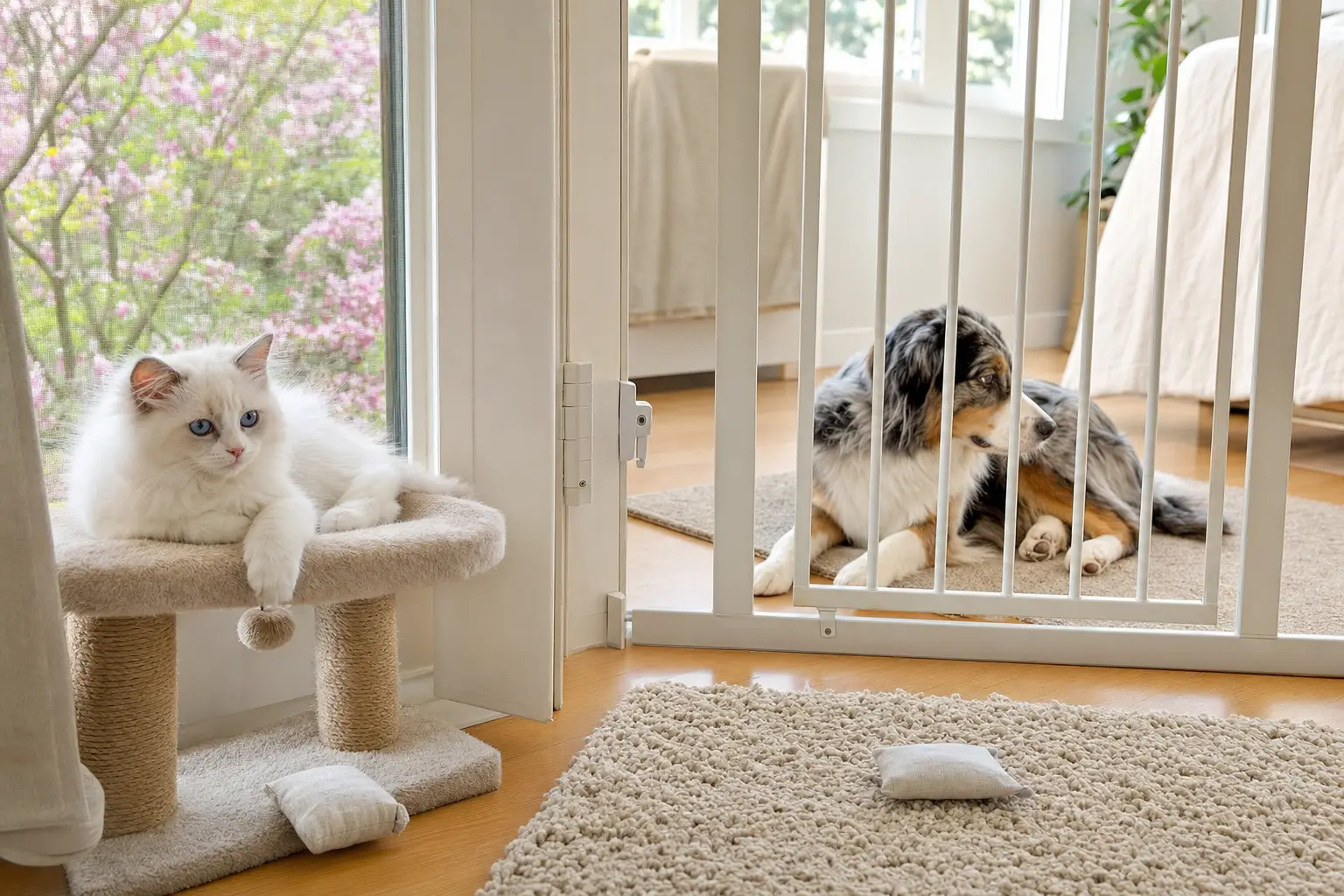 Blue-eyed white Ragdoll kitten and calm dog separated by a baby gate in spring