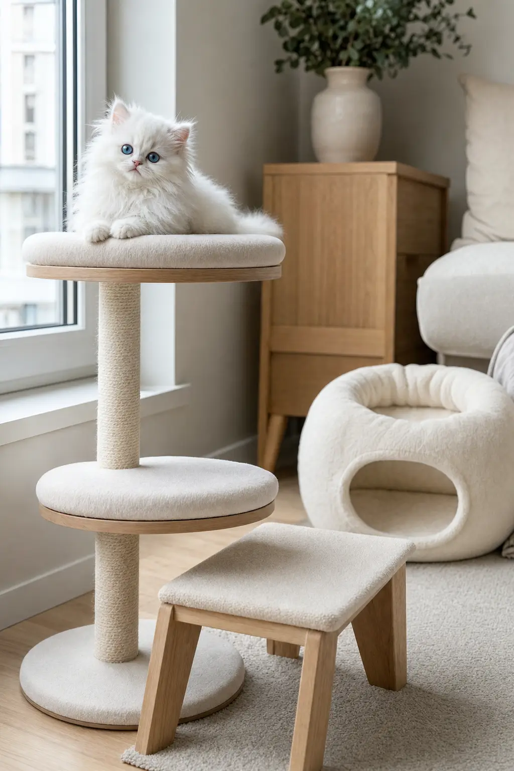 White Persian kitten with blue eyes on a stylish freestanding cat tree beside a low bench
