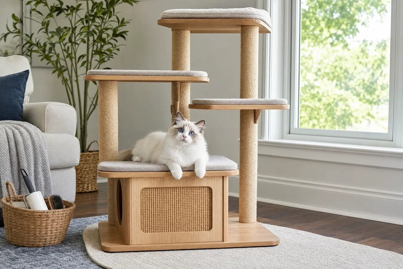 Blue-eyed Ragdoll kitten with white fur resting on an elegant easy-clean cat tree
