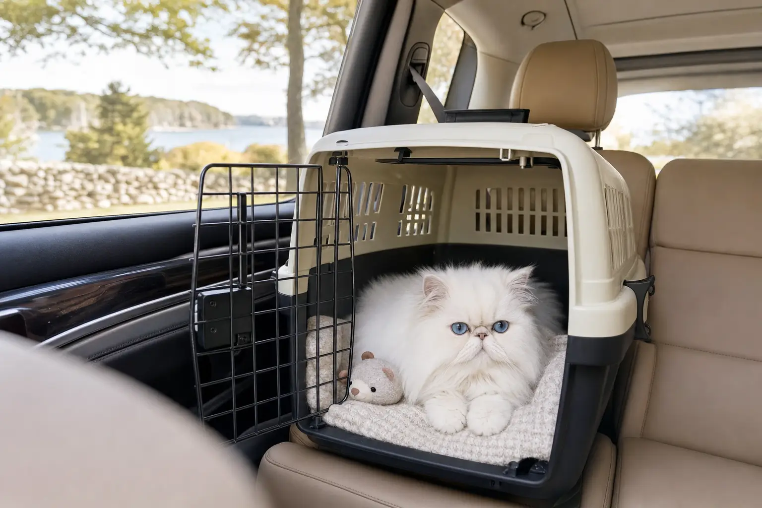 White Persian kitten with blue eyes relaxing in an open carrier den on the rear seat of a parked car