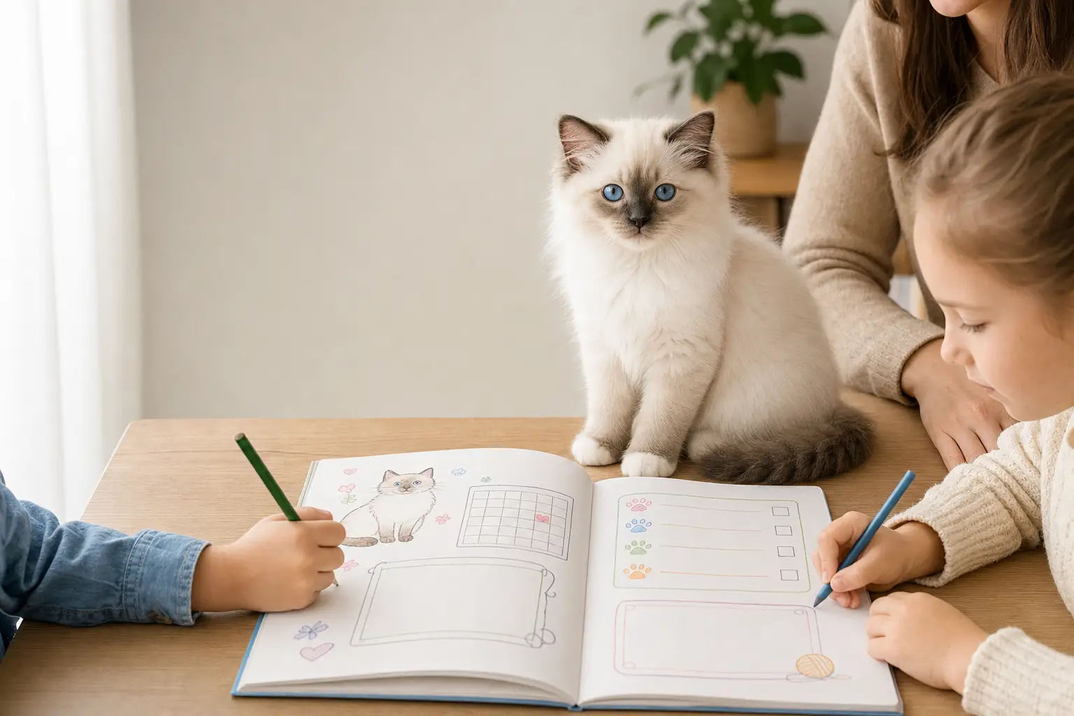 Blue-eyed Ragdoll kitten beside a child’s health notebook and colored pencils
