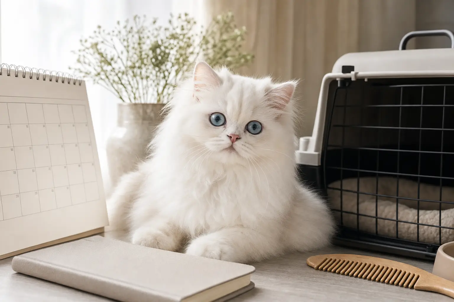 White Persian kitten with blue eyes beside a wellness calendar and grooming tools