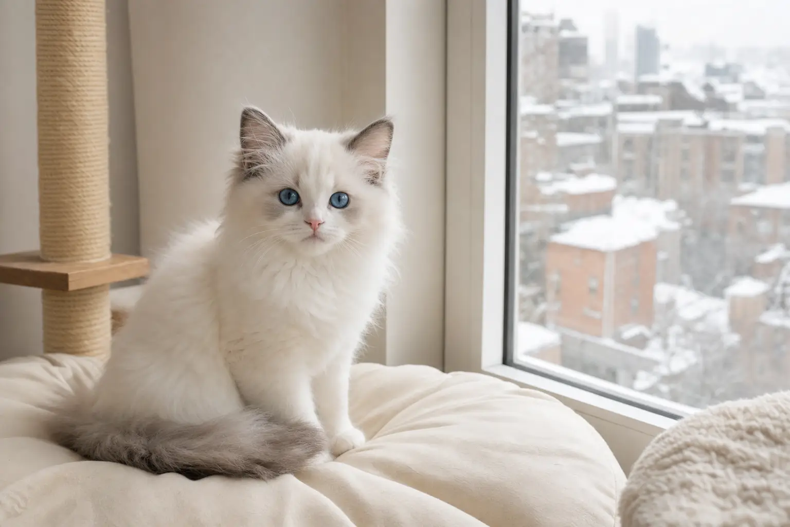 Blue-eyed white Ragdoll kitten relaxing on a safe winter window seat in an apartment