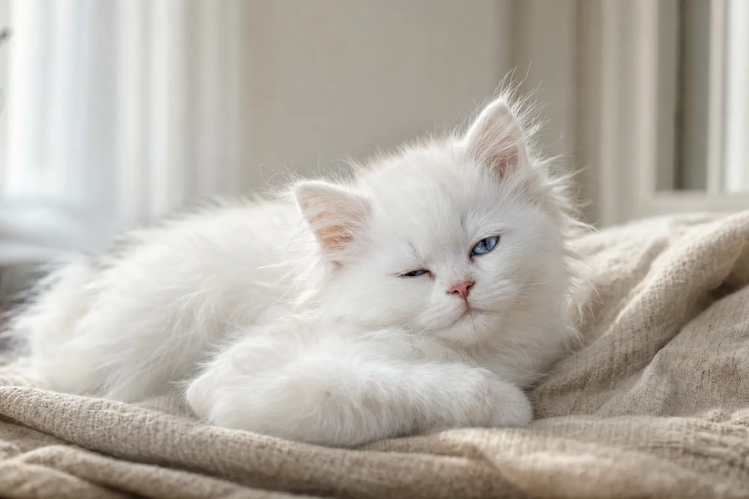 White Persian kitten with blue eyes giving a natural slow blink on a soft blanket