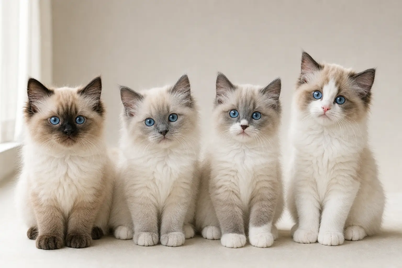 Side-by-side Ragdoll kittens with blue eyes showing different point colors and white patterns