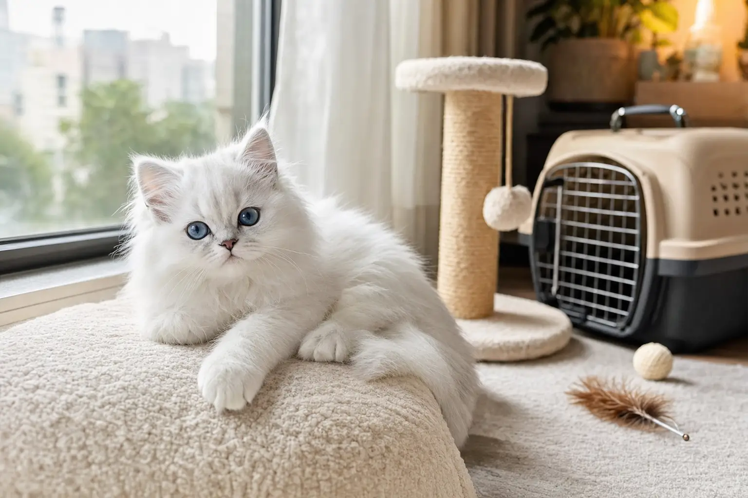 White Persian kitten with blue eyes resting in a bright, secure apartment room
