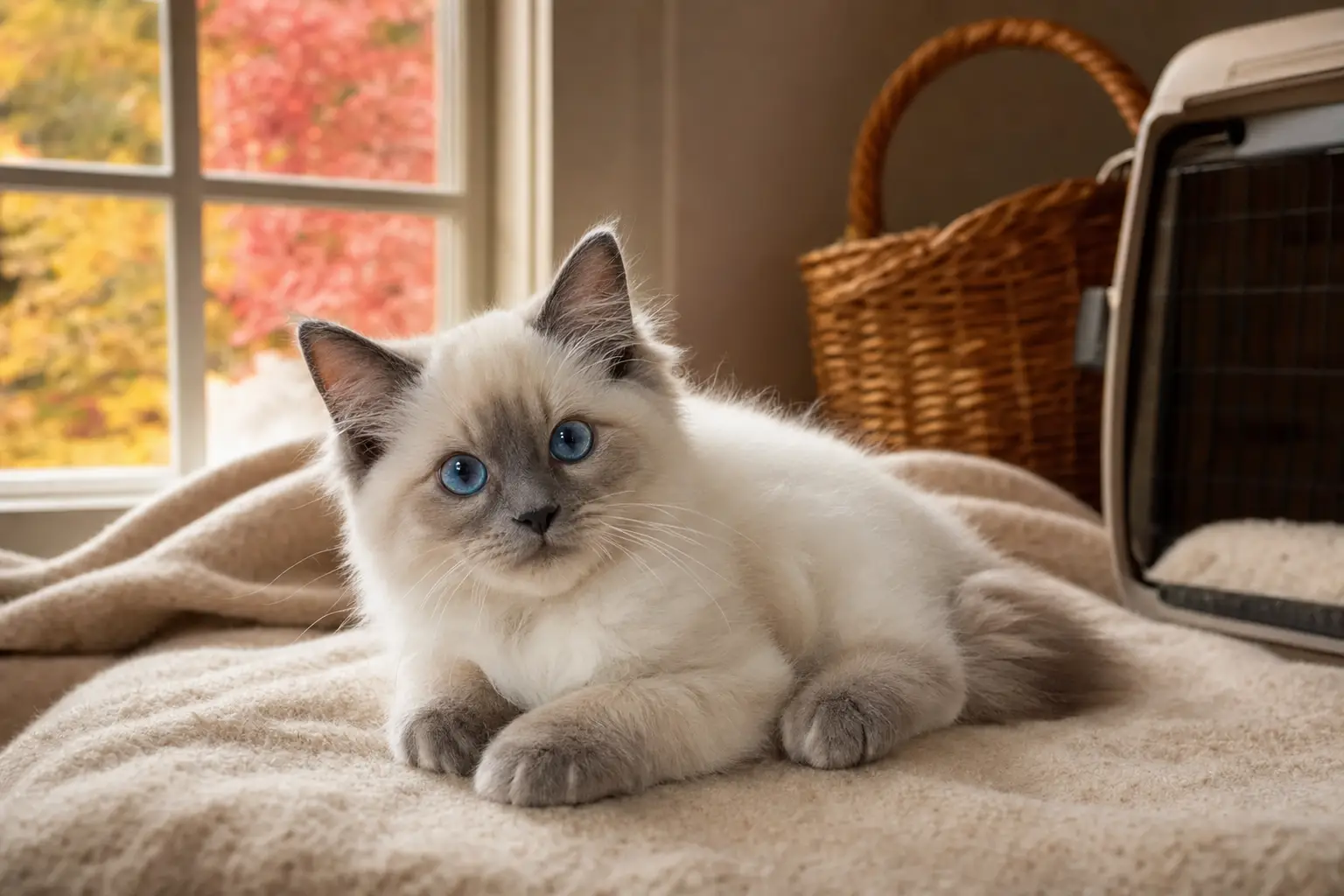 Blue-eyed Ragdoll kitten with white and cream fur resting on a blanket beside an autumn window
