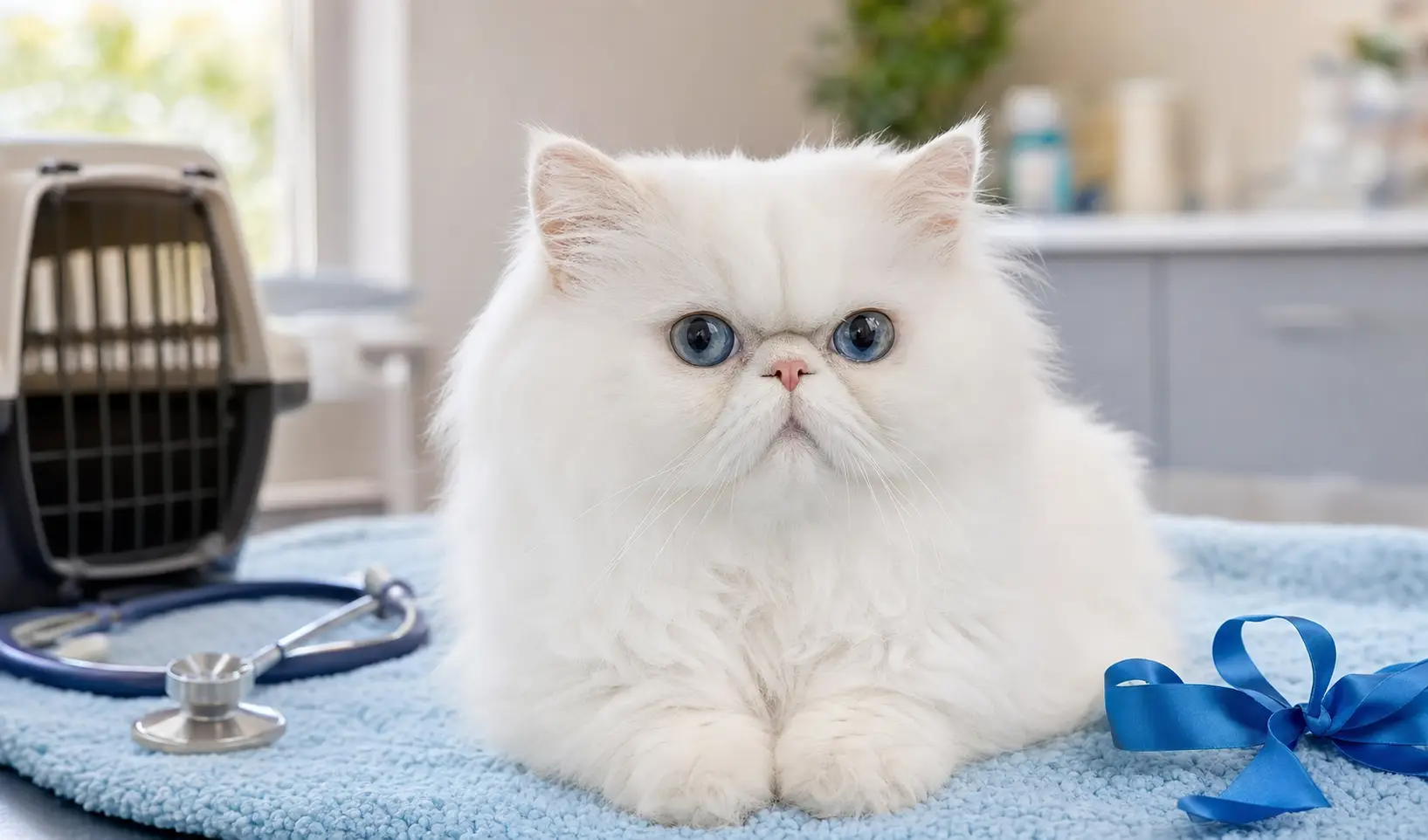 White Persian young adult cat with blue eyes during a calm veterinary checkup