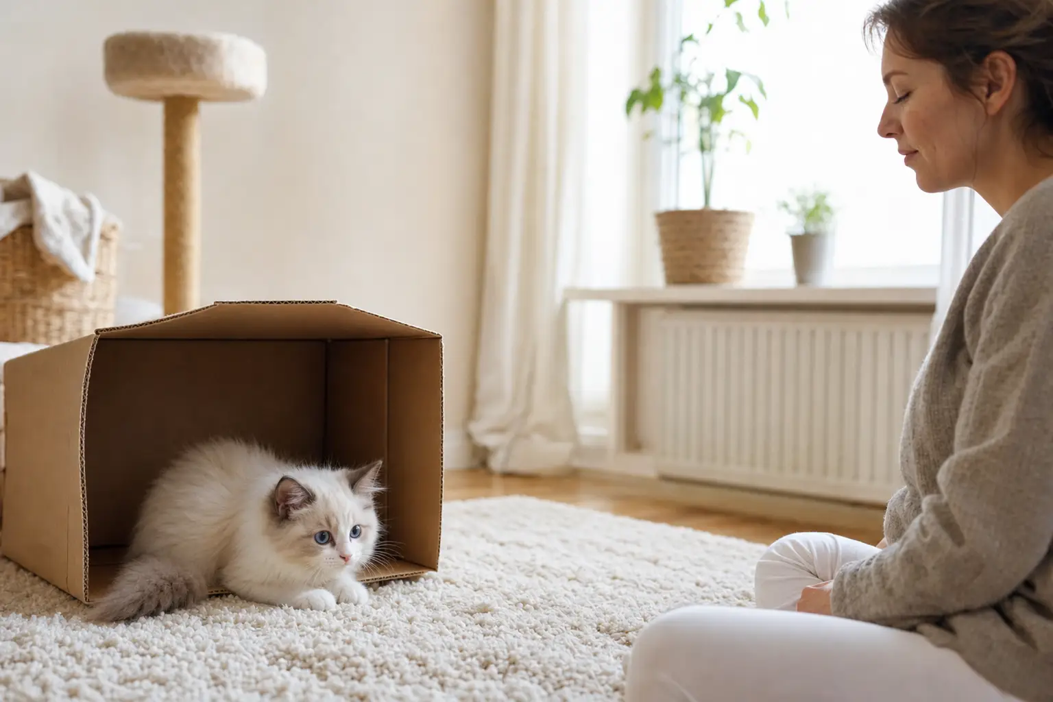 Blue-eyed white Ragdoll kitten watching a person slow blink from a safe distance at home
