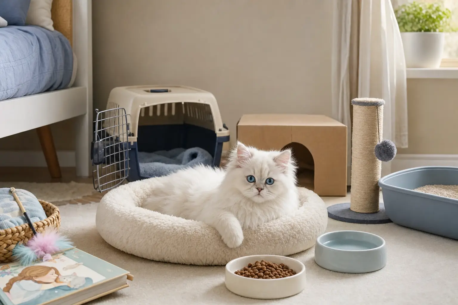 White Persian kitten with blue eyes resting in a prepared safe room
