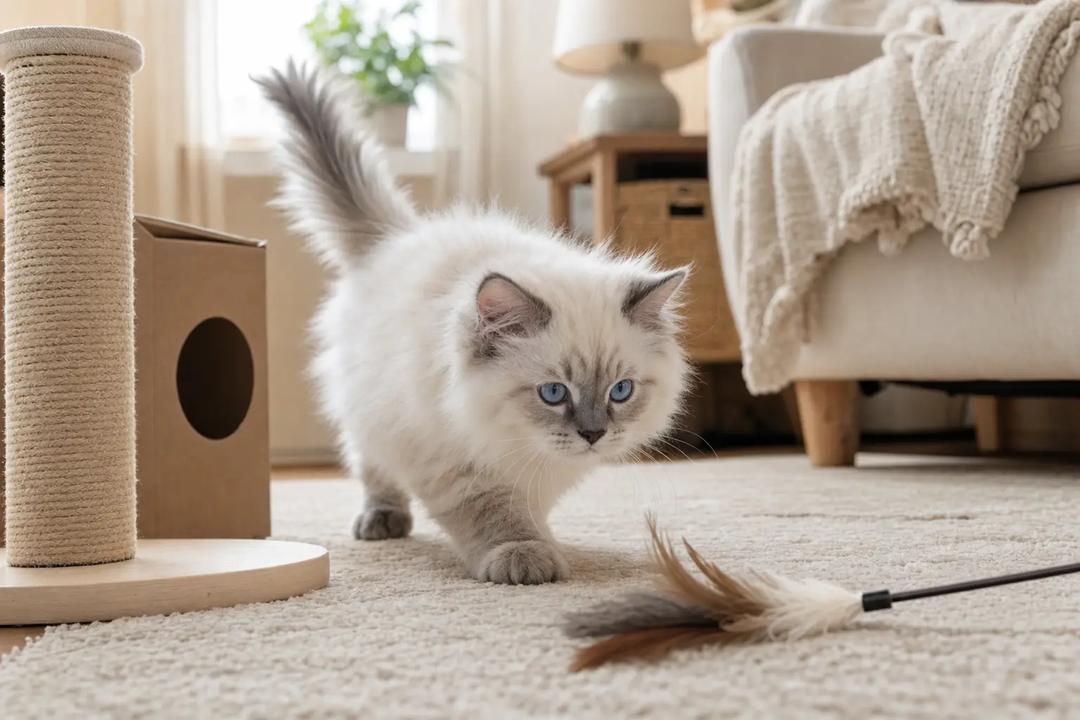Blue-eyed white Ragdoll kitten playing with a wand toy on a rug in a small living room