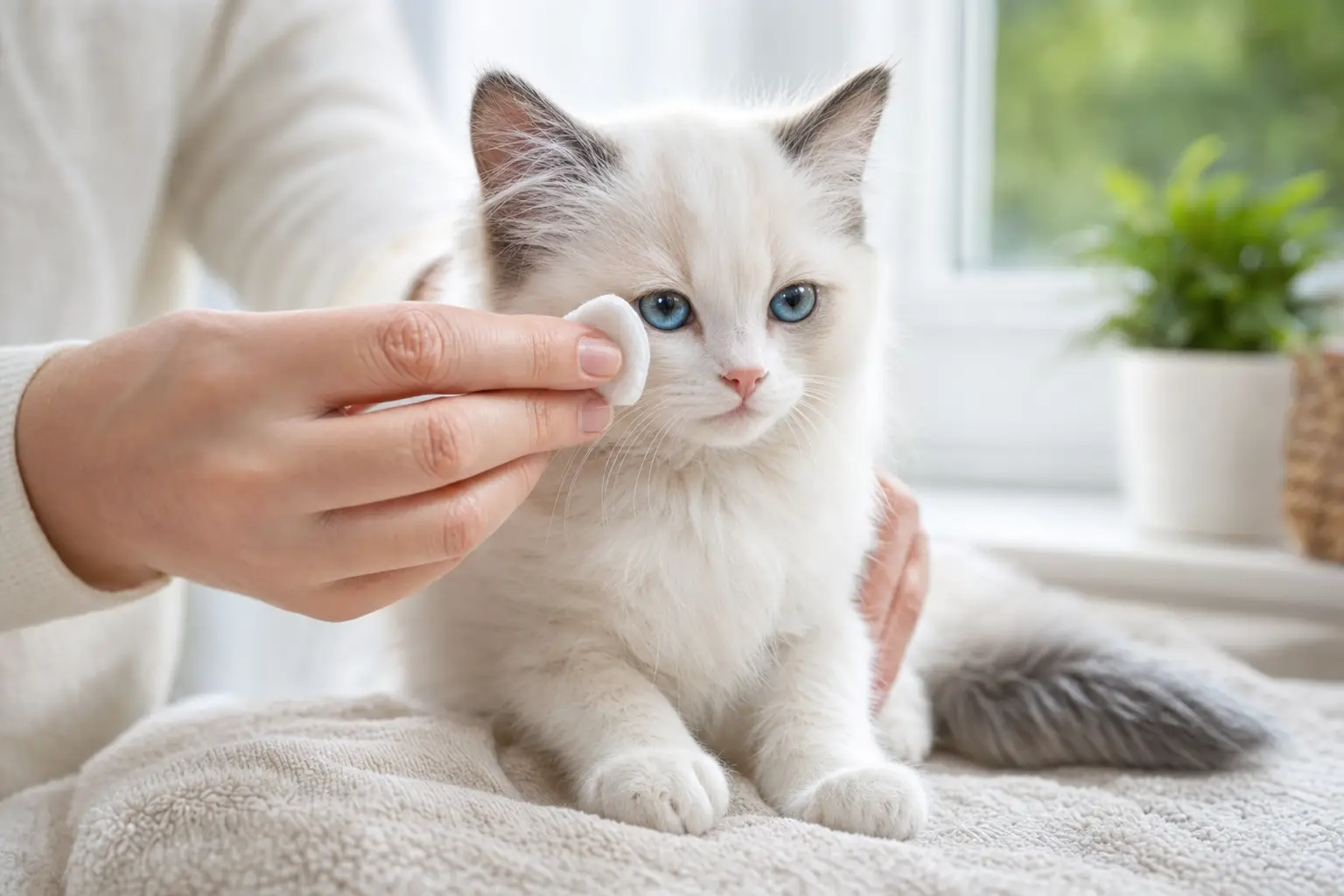 Blue-eyed Ragdoll kitten with white and cream fur during gentle eye-area care