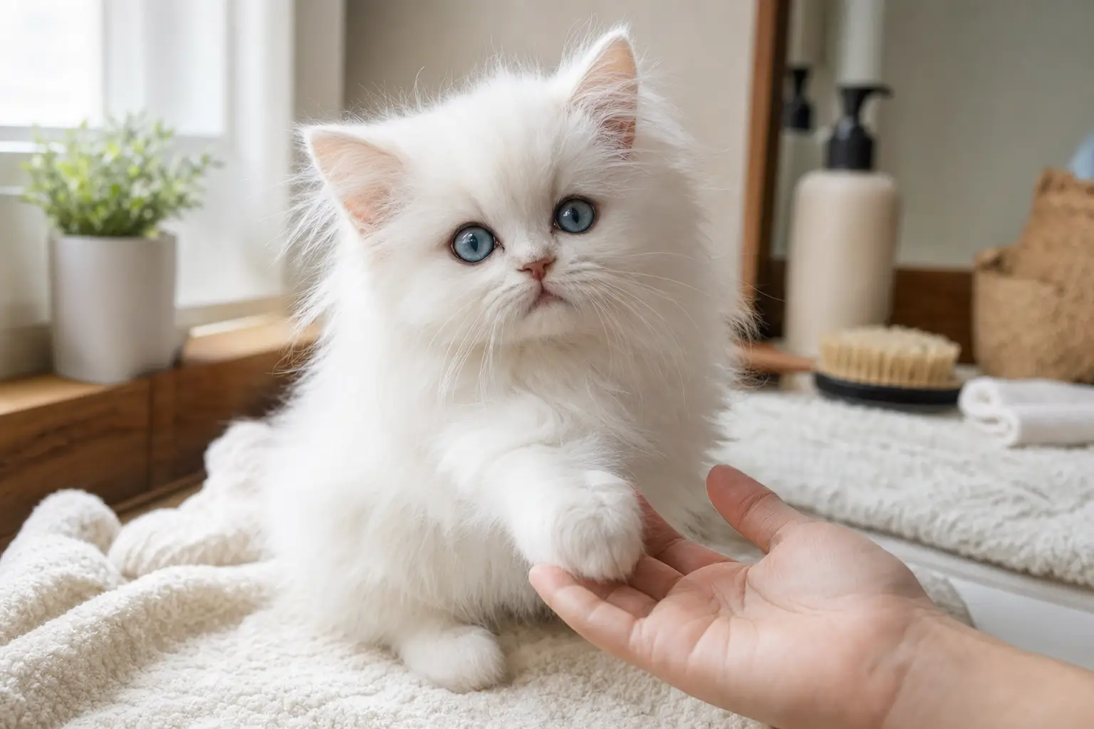 White Persian kitten with blue eyes calmly resting a paw near a person’s hand