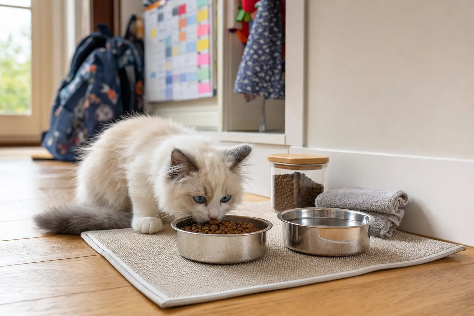 Blue-eyed white and cream Ragdoll kitten eating at a calm feeding station