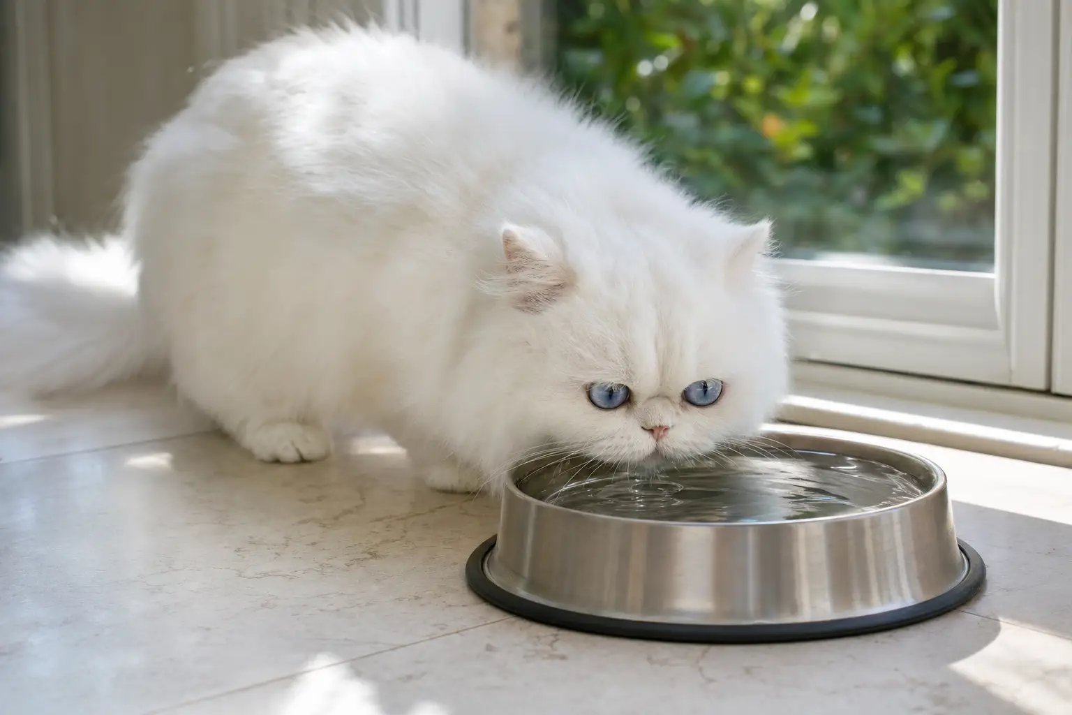 White Persian kitten with blue eyes drinking from a wide shallow water bowl in a cool Connecticut home