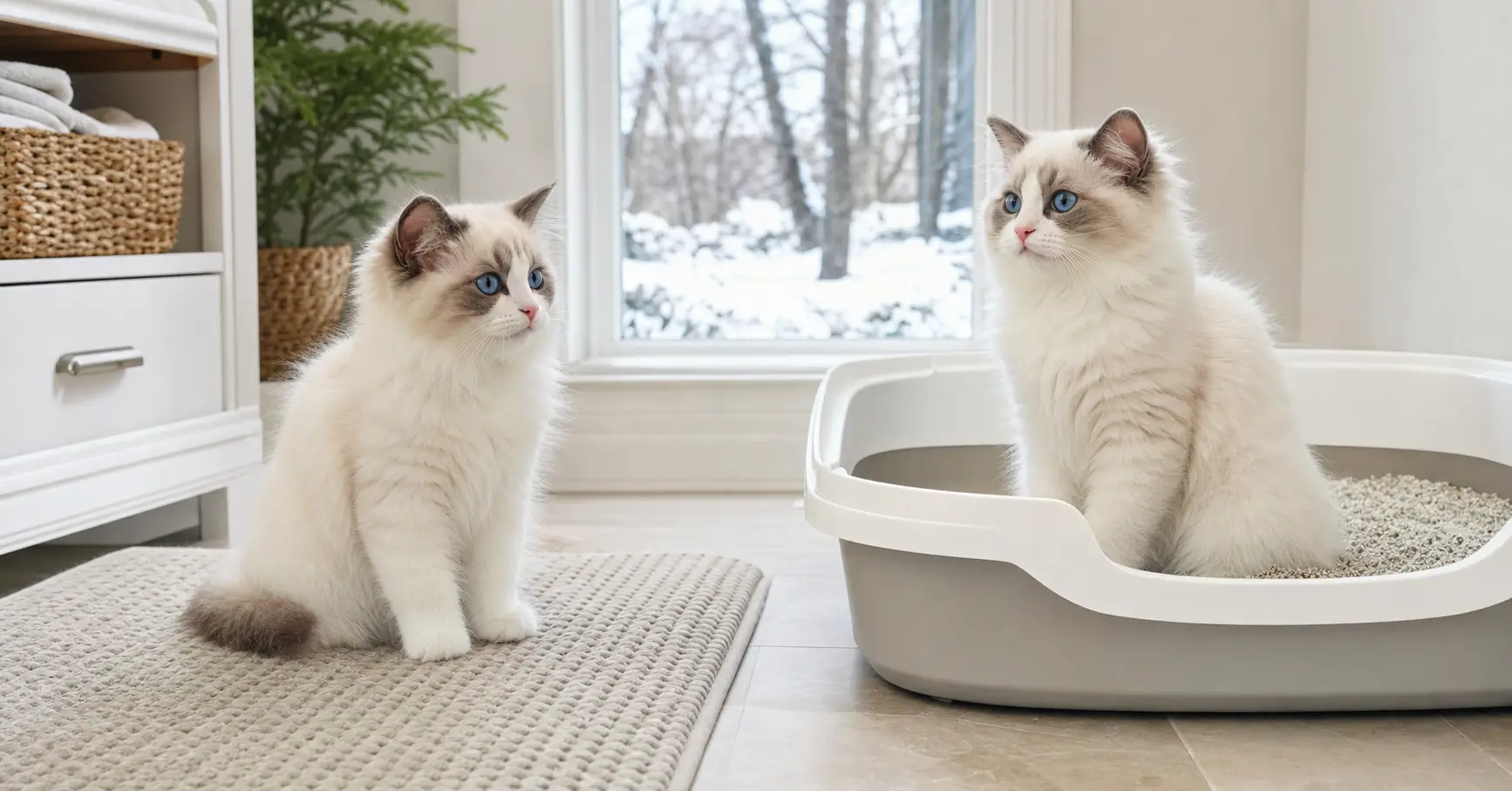Blue-eyed white Ragdoll kittens beside a clean low-entry litter box in a Connecticut home