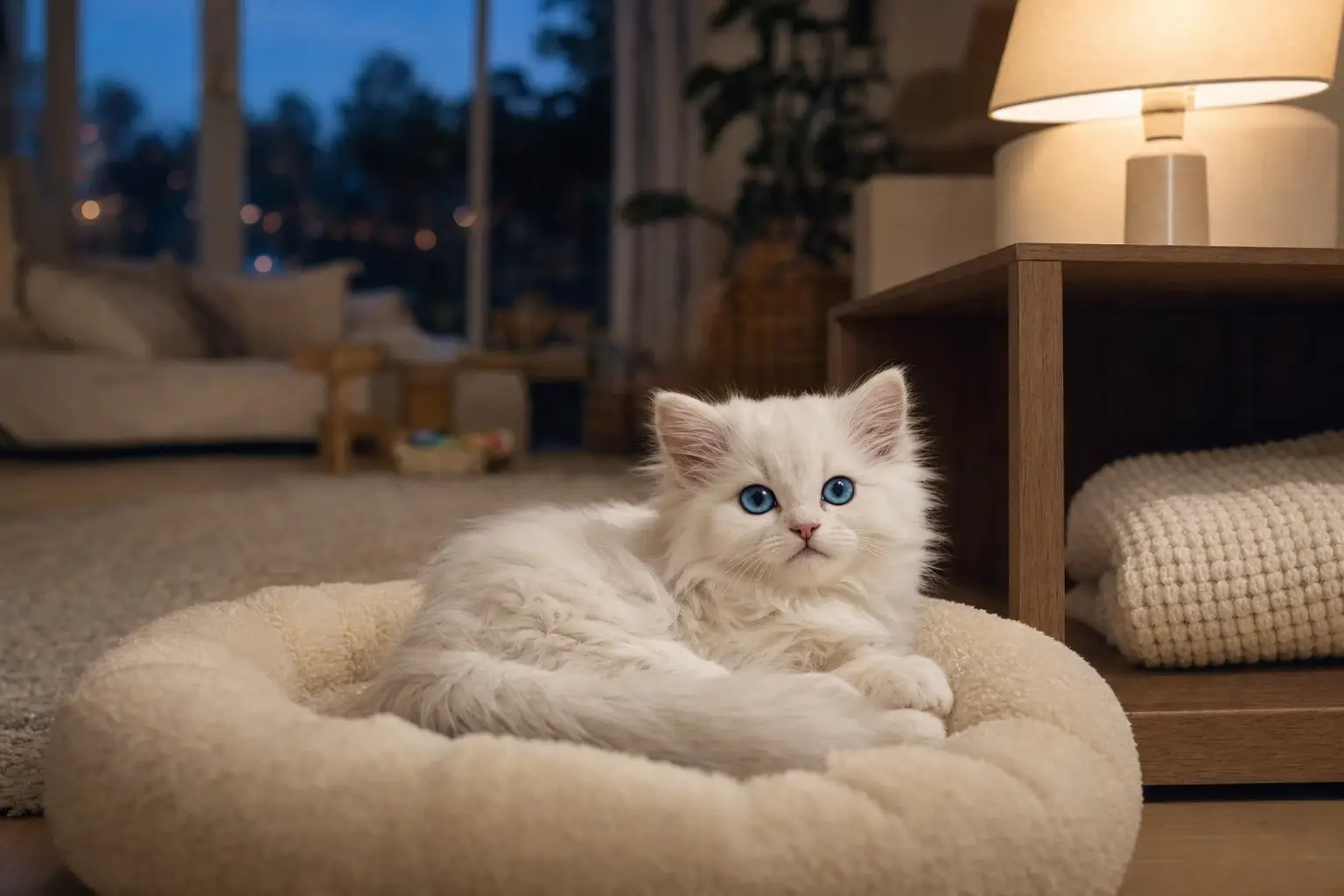 White Persian kitten with blue eyes resting in a quiet bedtime nook