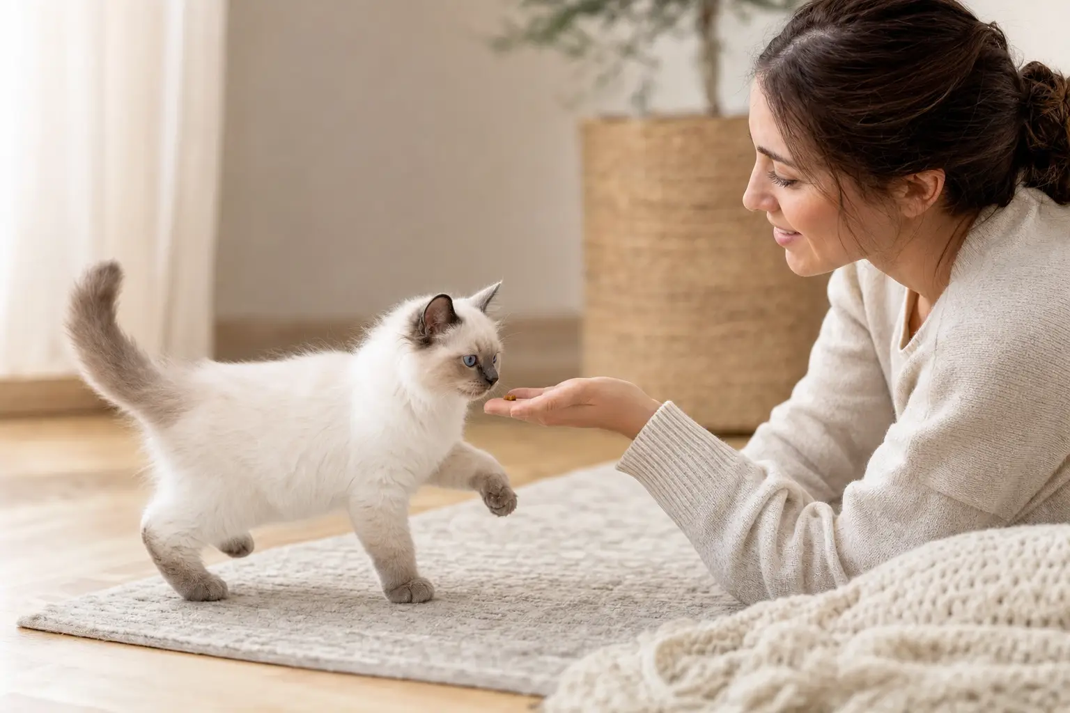 Blue-eyed Ragdoll kitten with mostly white fur responding to gentle name training