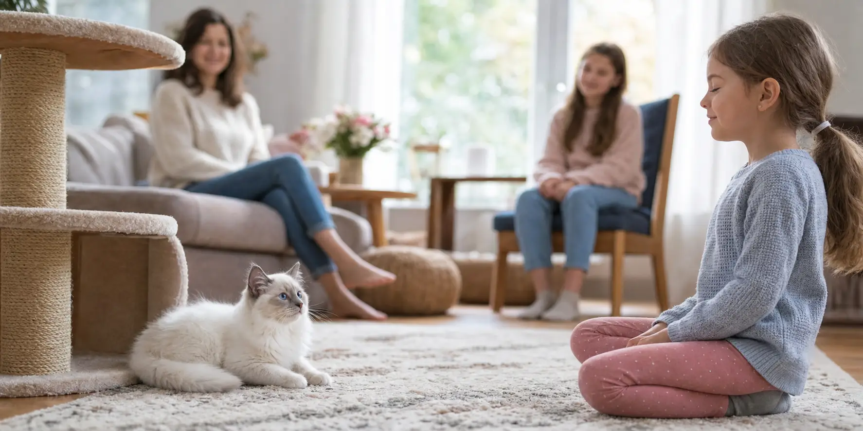 Child gently slow-blinking at a blue-eyed white Ragdoll kitten during a supervised visit