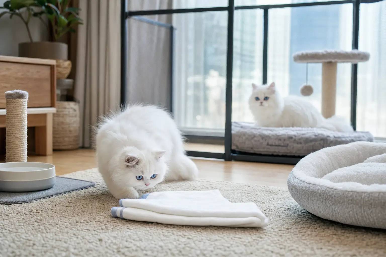 Two white Persian kittens with blue eyes beginning a calm scent-swap routine in a small home