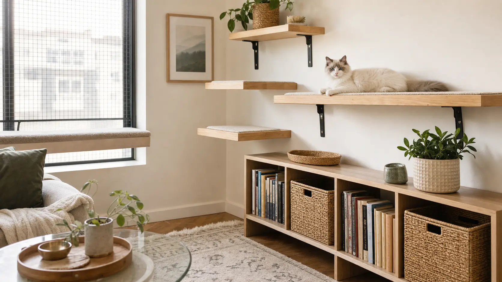 Blue-eyed white Ragdoll kitten resting on safe wall shelves in a small stylish home