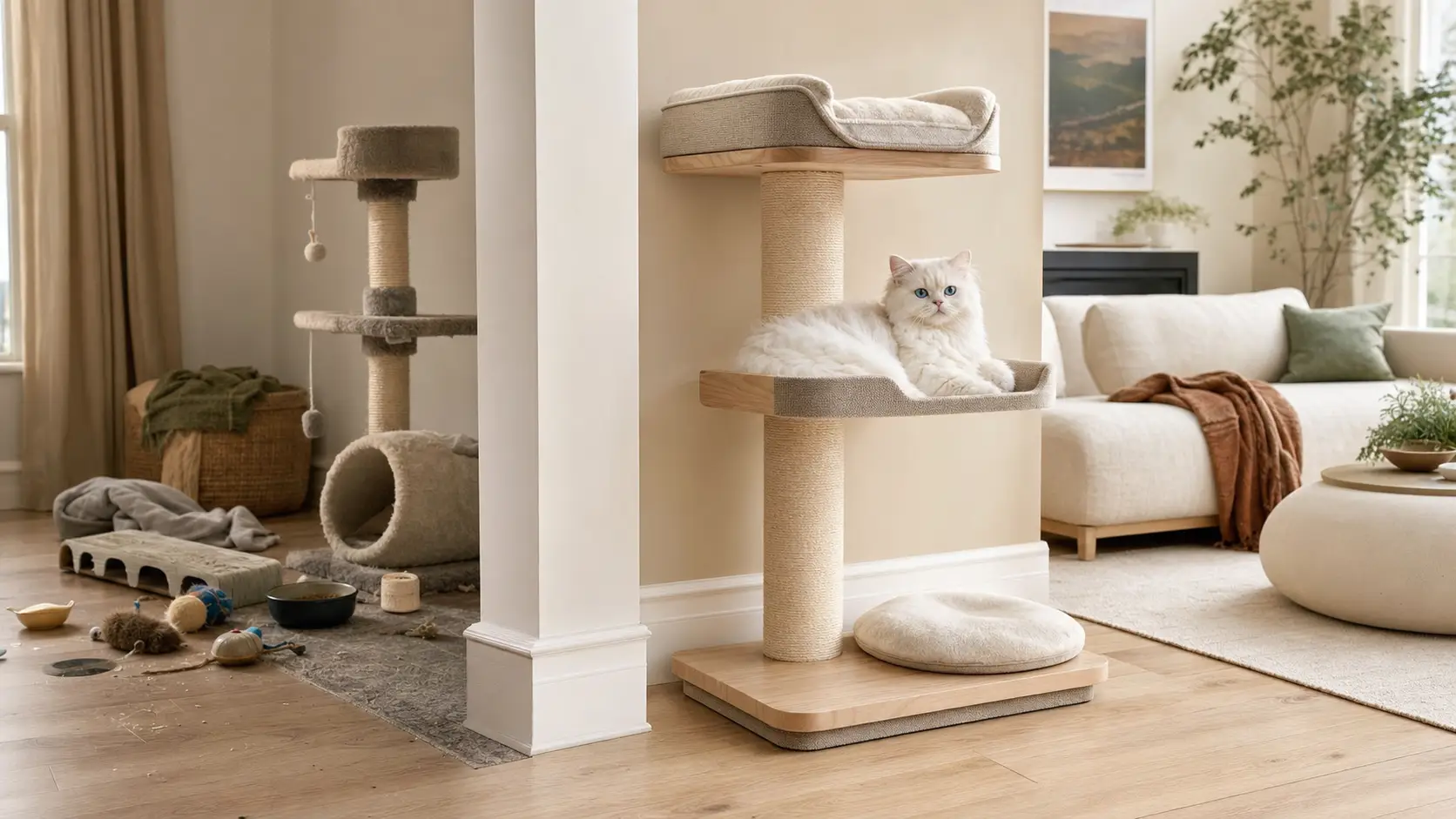 White Persian kitten with blue eyes beside an elegant cat tree in a shared family room