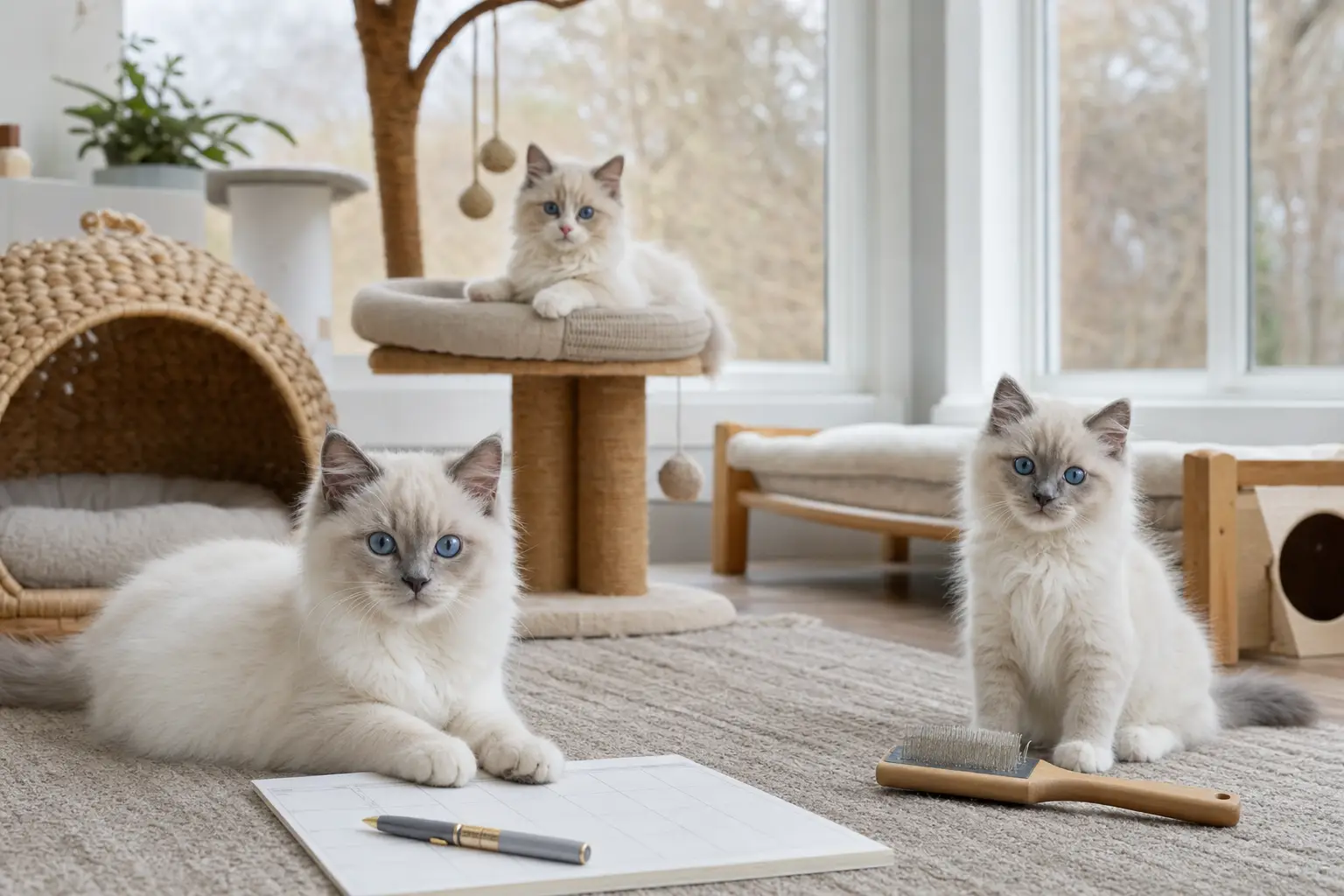 Blue-eyed white and cream Ragdoll kittens beside a wellness calendar in a Connecticut home