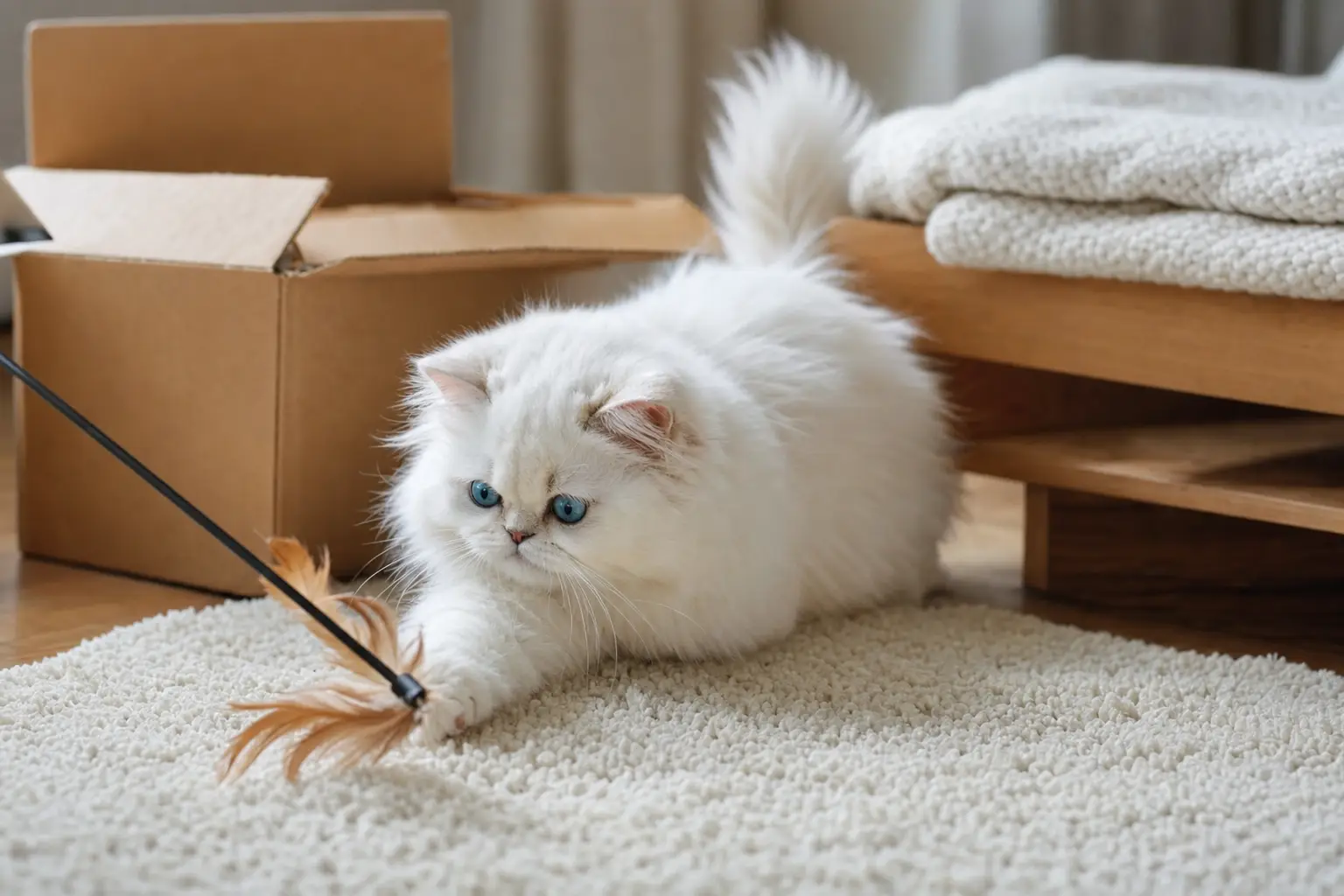 White Persian kitten with blue eyes playing with a wand toy beside a cardboard box