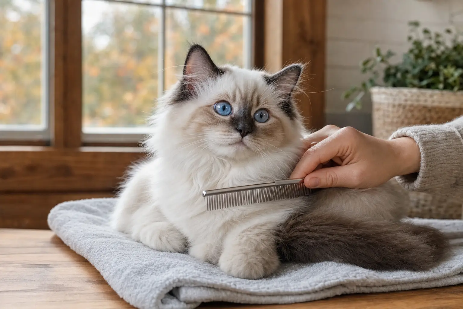Blue-eyed Ragdoll kitten with a white chest ruff being gently brushed in an autumn New England home