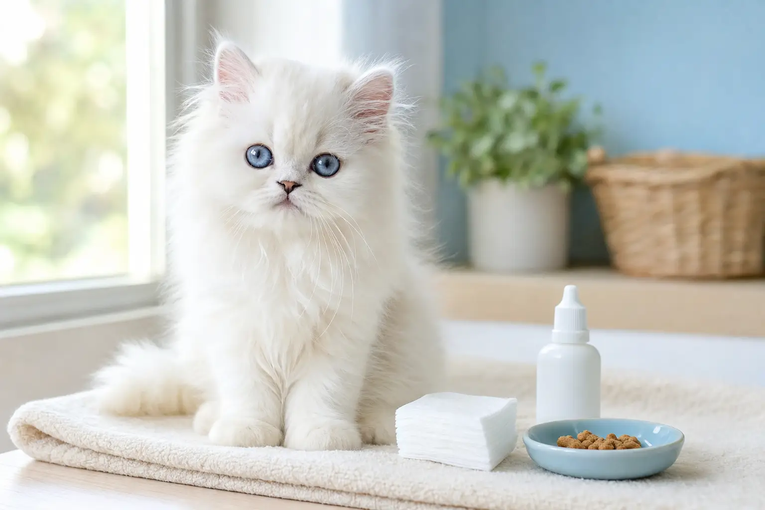White Persian kitten with blue eyes beside a gentle eye-cleaning kit