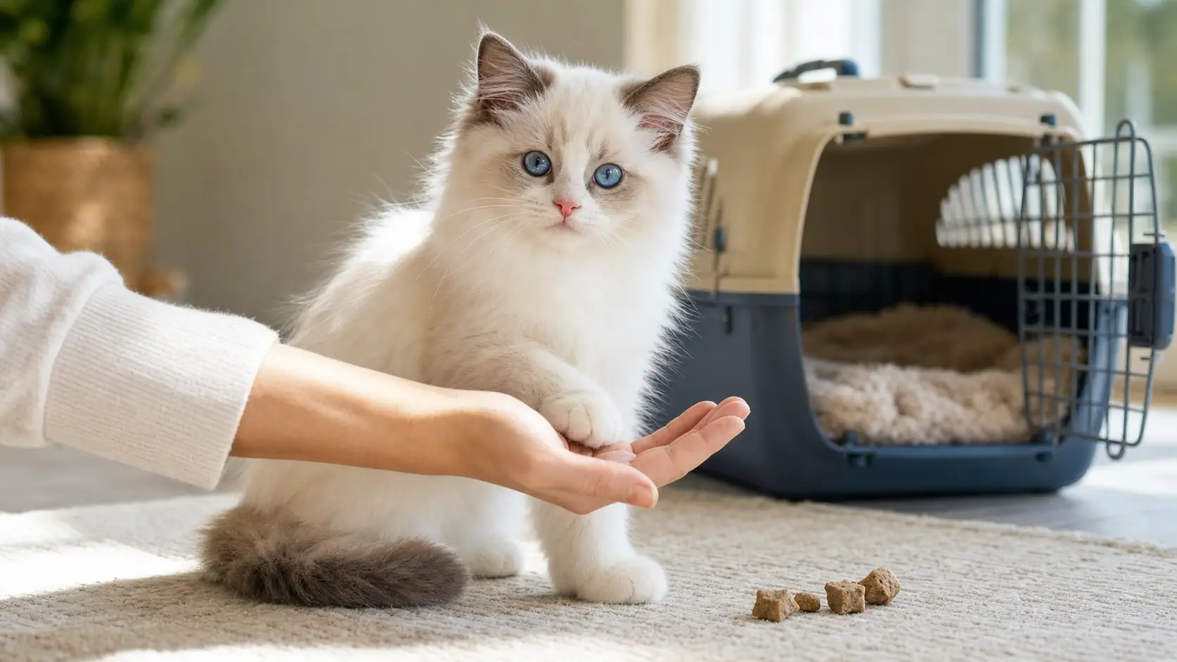 White Ragdoll kitten with blue eyes calmly having a paw gently handled at home