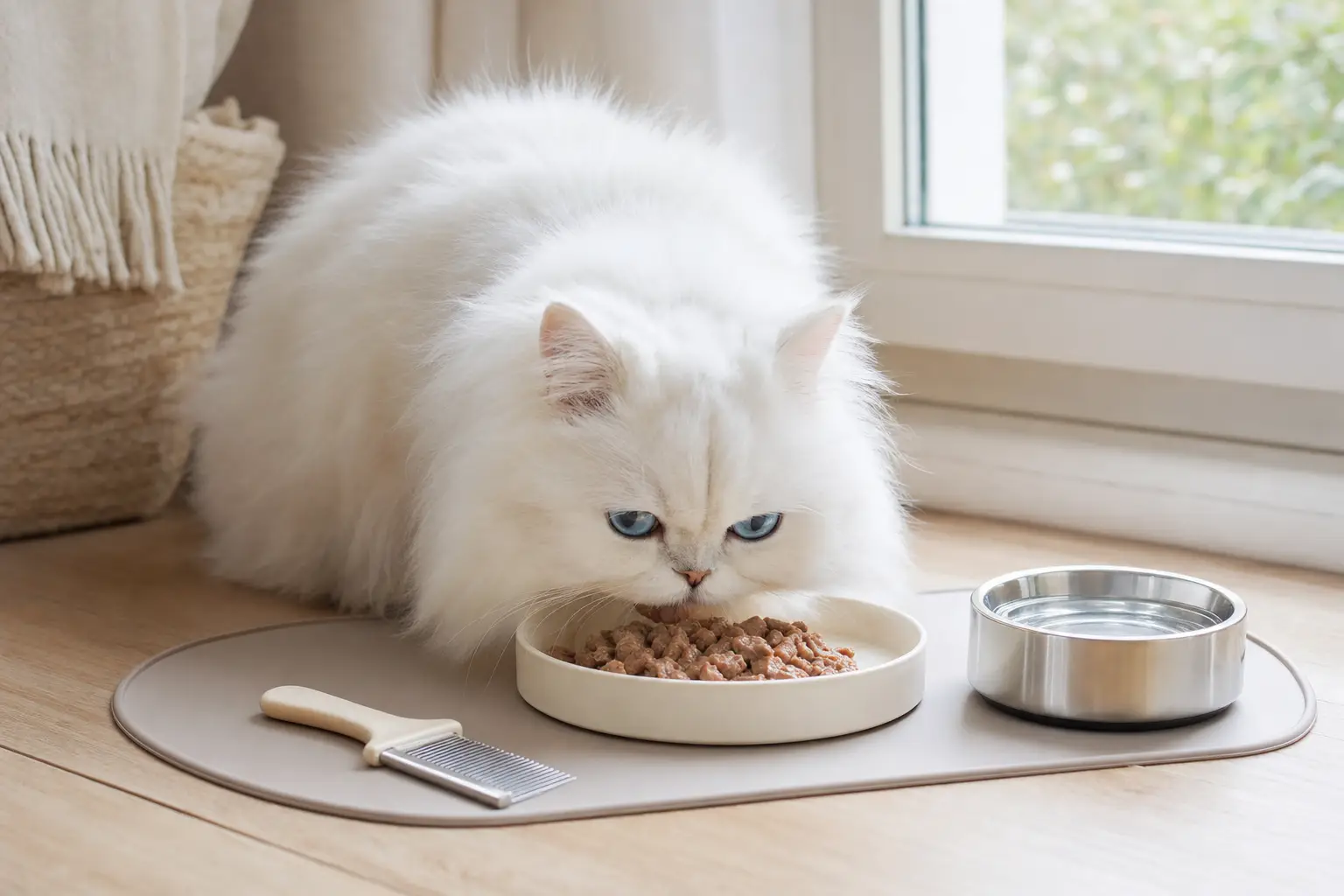 White Persian kitten with blue eyes eating at a clean shallow-bowl feeding station
